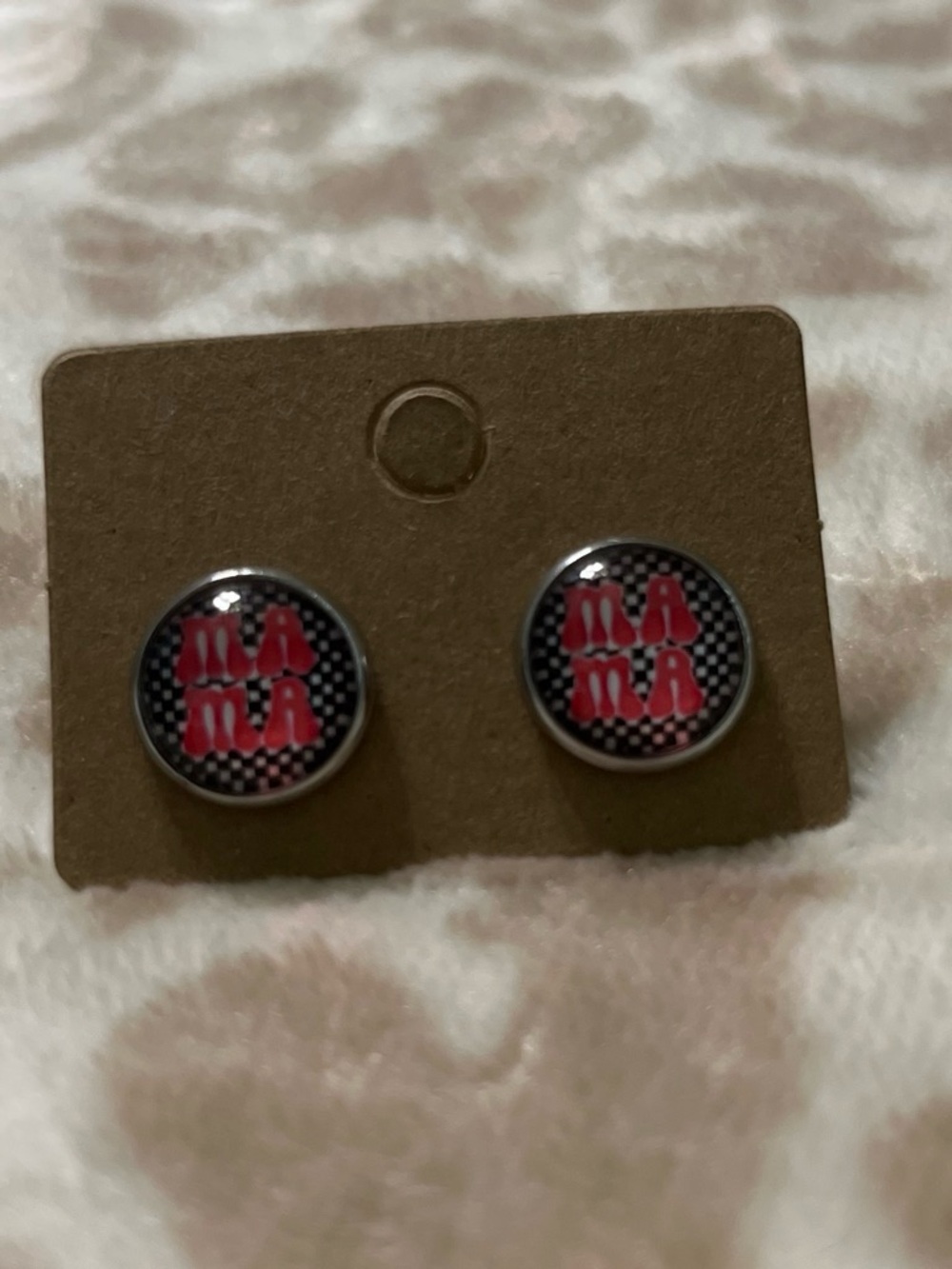 Round Pink Graphic Stud Ma Ma Earrings — Women Jewelry Earrings
